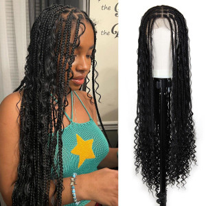 SuperNova 36" Lace Front Suqare & Triangle Top Synthetic Boho Braided Wig Water Wavy Curls Ends