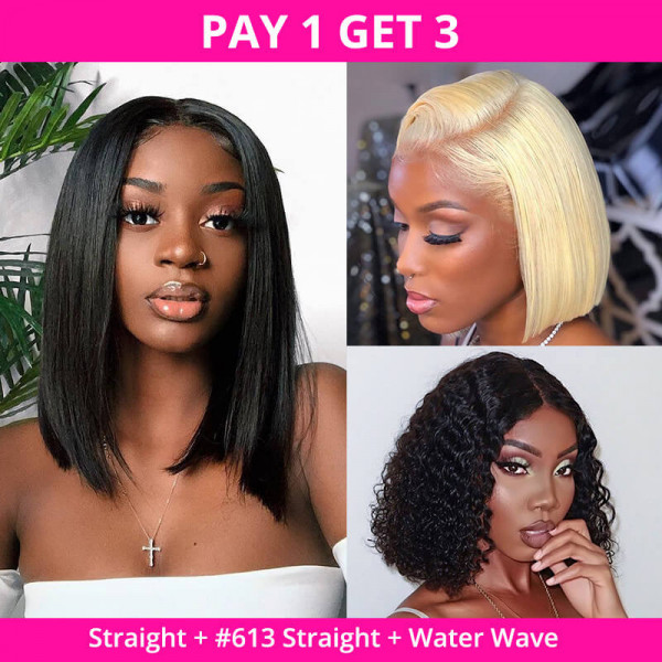 Pay 1 get 3 bob wigs: two straight bob wigs Pay 1 get 3 bob wigs: two straight bob wigs in different colors + one 1B water wave bob wig